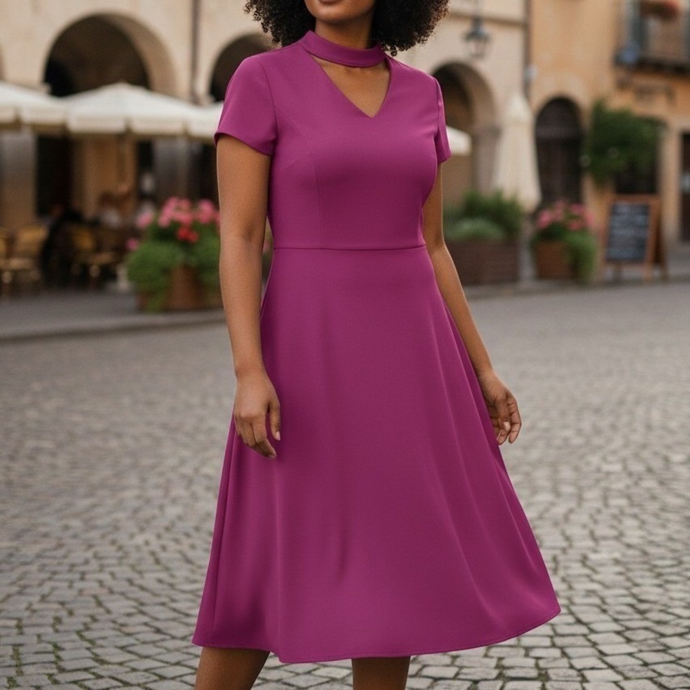 Tahari Arthur S Levine Dress Sz 14 Magenta Pink Choker V-Neck Fit and Flare 4057